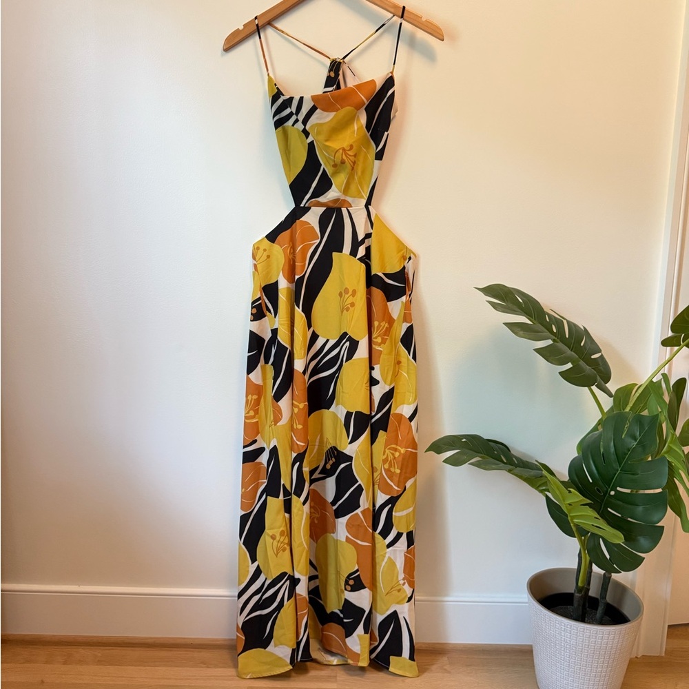 Elegant Yellow and Black Floral Maxi Dress